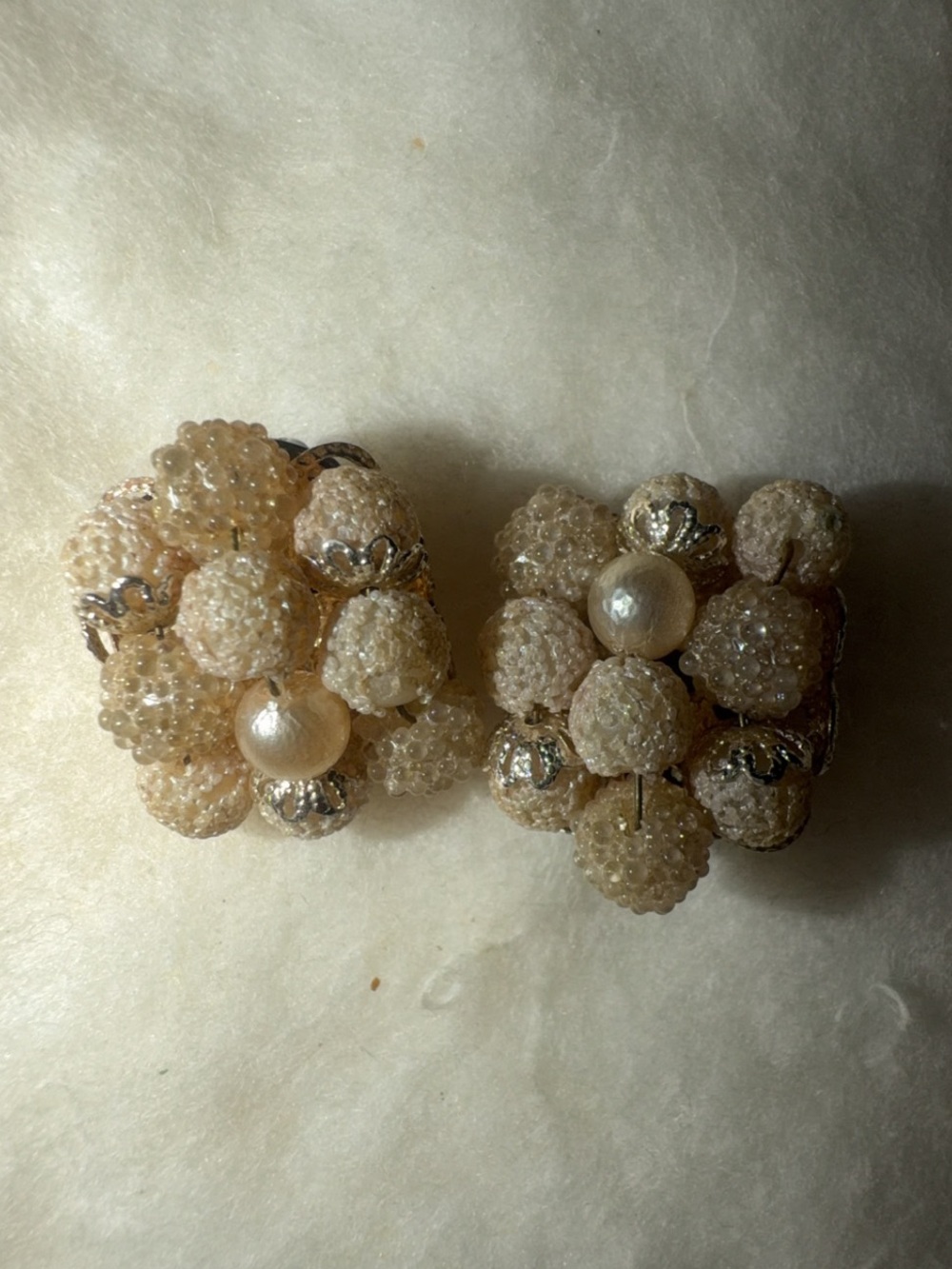 Elegant Japan Stamped Cream Bead Cluster Clip-On Earrings with Pearl Accent